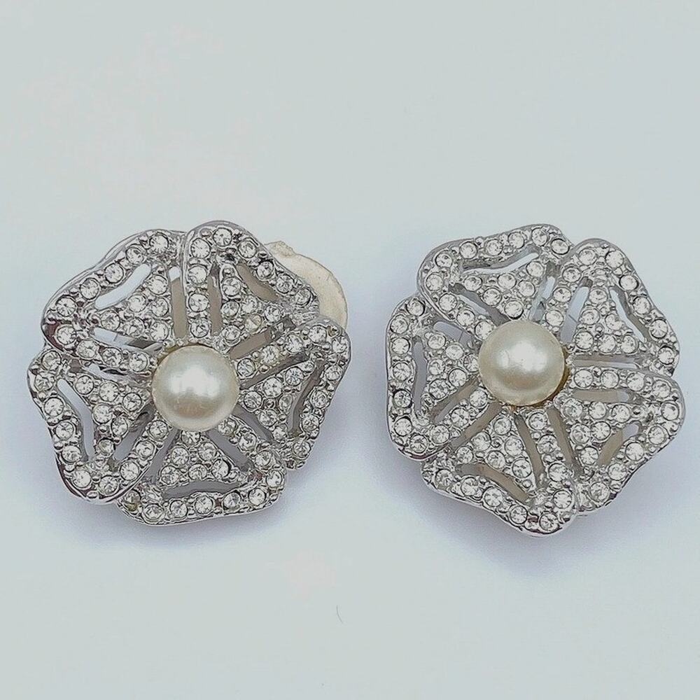 Vintage Flower Clip-On Earrings Faux Pearl Crystal Silver Tone Jewelry Retro 80s